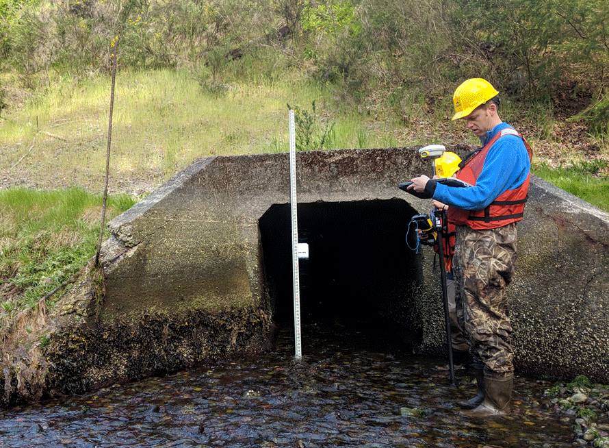man in high visibility vest stands in a stream in front of a culvert making notes on a clip board
